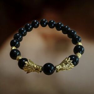Men's Bright Gold Twin Dragon Bracelet Genuine Black Agate